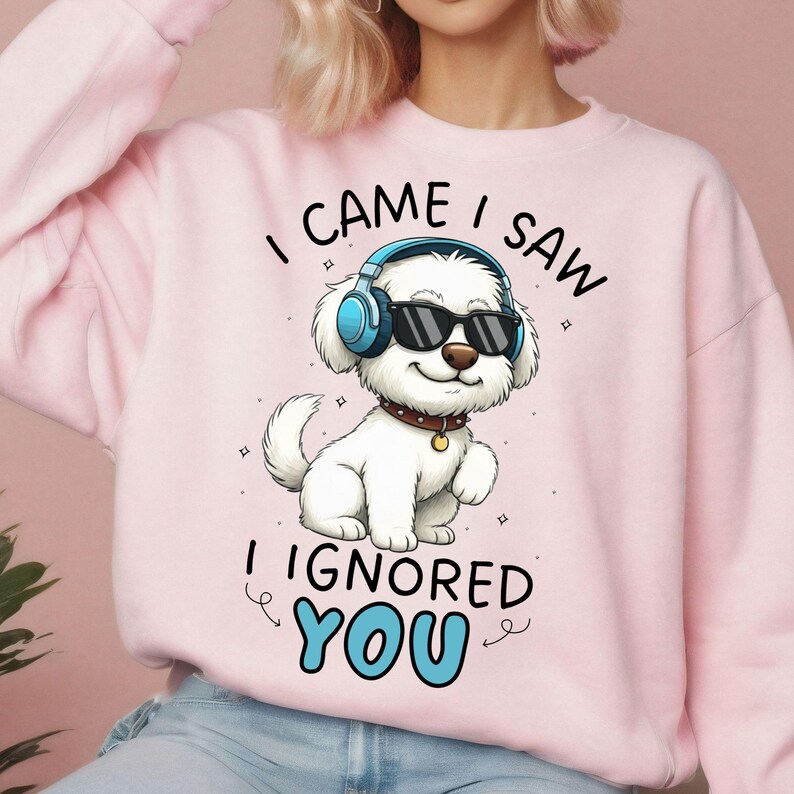 May include: Pink sweatshirt featuring a cartoon dog wearing sunglasses and headphones. The dog has a brown collar and the text reads "I CAME I SAW I IGNORED YOU" in black and blue lettering.