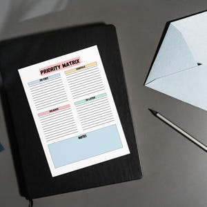 May include: A black notebook with a white sheet of paper on top. The paper has a priority matrix with the words "Do First", "Delegate", "Do Later", and "Don't Do" in colored boxes. The paper also has a section for notes.
