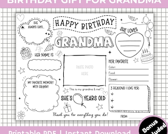Happy Birthday Grandma Coloring Page, All About grandmother Template, Granny’s Birthday Activity, Happy Birthday Grandma Placemat Printable