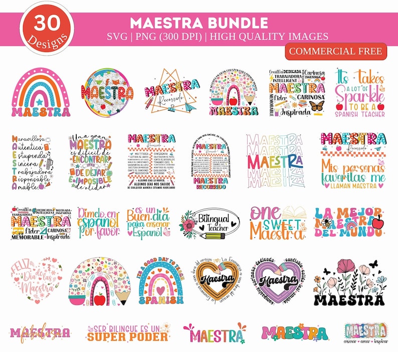 Pode incluir: Um conjunto de 30 designs digitais coloridos com a palavra espanhola "Maestra" (Professora) em v&aacute;rias fontes e estilos. Os designs incluem arco-&iacute;ris, cora&ccedil;&otilde;es, flores e outras ilustra&ccedil;&otilde;es. Os designs s&atilde;o perfeitos para criar camisetas, canecas, bolsas e outras manualidades.