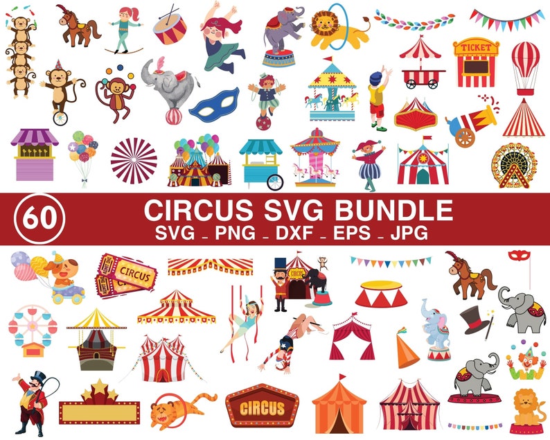May include: A set of 60 colorful circus-themed SVG clip art images. The images include a variety of circus elements, such as clowns, animals, tents, and carnival rides. The images are perfect for creating invitations, party decorations, and other crafts.