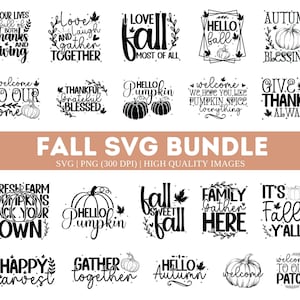 May include: A collection of black and white digital graphic designs featuring autumn-themed typography and pumpkin illustrations. The text includes phrases like 'Autumn Blessings', 'Hello Pumpkin', 'Give Thanks Always', and 'It's Fall Y'all' in various fonts.