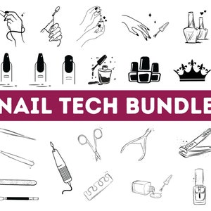 May include: A set of black and white line art illustrations of nail art tools and supplies. The illustrations include nail polish bottles, nail files, cuticle pushers, nail clippers, and a crown.