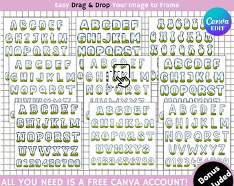Paquete de letras mayúsculas y números editables de Canva / Arrastrar y soltar fácilmente / Diseño de sublimación con alfabeto PNG / Plantilla de marco editable de Canva