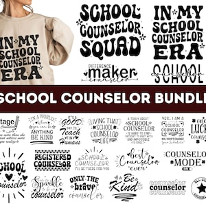 May include: A bundle of 16 black and white school counsellor SVG cut files. The designs include phrases like "School Counsellor Squad", "In My School Counsellor Era", "Difference Maker Counsellor", "One Lucky Counsellor", "Counsellor Mode On", and "Best Counsellor Ever".