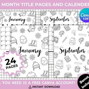Páginas de calendário de 12 meses editáveis, planejador mensal de diário 2024 para impressão, calendário de páginas para colorir mensal, modelo de calendário 2024 2025