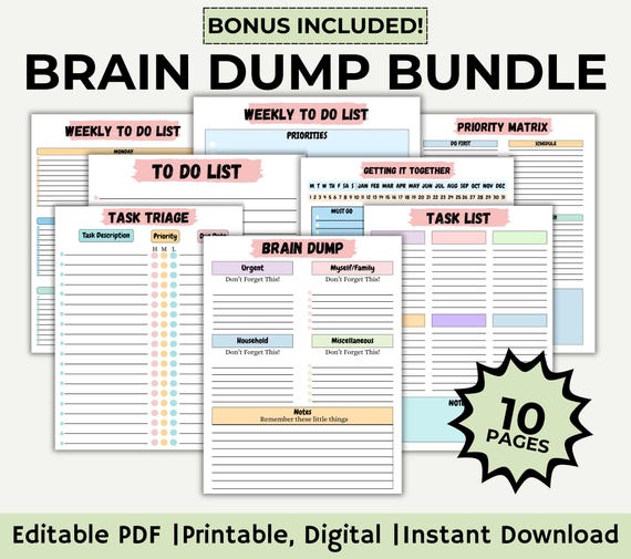 Editable ADHD Brain Dump Printable, ADHD Planner, To Do List Template, Productivity Planner, Thought Organizer, Task List, Daily To Do List
