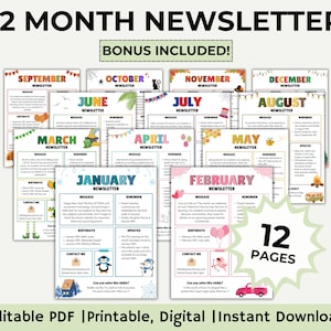 Monatlicher Klassenzimmer-Newsletter, Kindergarten-Klassen-Newsletter, 12-monatige Newsletter-Vorlage, Canva-Vorlage Schulrundschreiben, Elternmitteilung
