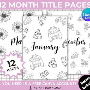 Pagine del titolo modificabili di 12 mesi, pagine di copertina di 12 mesi, pagine del titolo stampabili, pagina del titolo del planner, pagina del diario mensile, pagina di copertina del planner