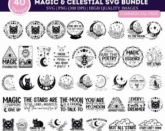 May include: A set of 40 black and white SVG designs featuring celestial and magical themes. The designs include quotes, illustrations of stars, moons, crystals, cats, and bees. The text includes phrases like "Magic is the essence of life", "The stars are the poetry of the universe", and "Magic happens when you don't give up".