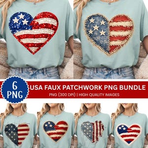 Op de afbeelding: Zes lichtblauwe t-shirts met hartvormige ontwerpen in de stijl van de Amerikaanse vlag. De harten zijn versierd met pailletten, patchwork en distressed effecten. De tekst "USA FAUX PATCHWORK PNG BUNDLE" is ook zichtbaar.