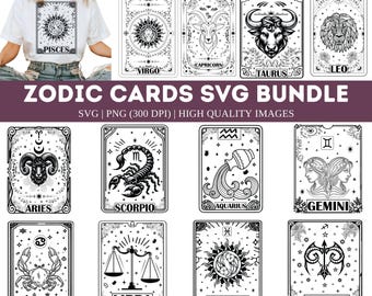 May include: A set of 12 black and white zodiac cards featuring illustrations of each zodiac sign. The cards are in a vintage style with ornate borders and include the names of each sign: Aries, Taurus, Gemini, Cancer, Leo, Virgo, Libra, Scorpio, Sagittarius, Capricorn, Aquarius, and Pisces.