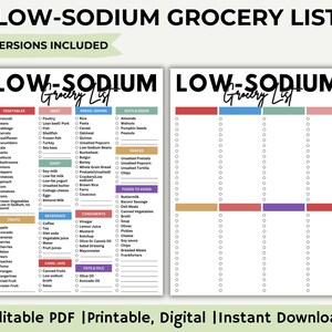 May include: A printable grocery list with two versions, one with checkboxes and the other with blank spaces. The list is divided into categories such as vegetables, meat, bread, grains, nuts and seeds, snacks, dairy, beverages, condiments, fruits, cans/jars, fats and oils, and foods to avoid. The list is designed for people following a low-sodium diet.