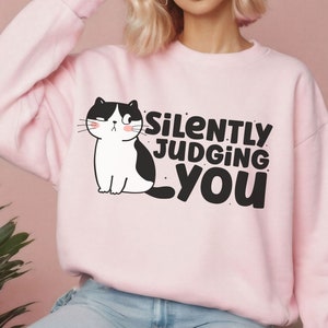 May include: Pink sweatshirt with a black and white cartoon cat and the text "silently judging you".