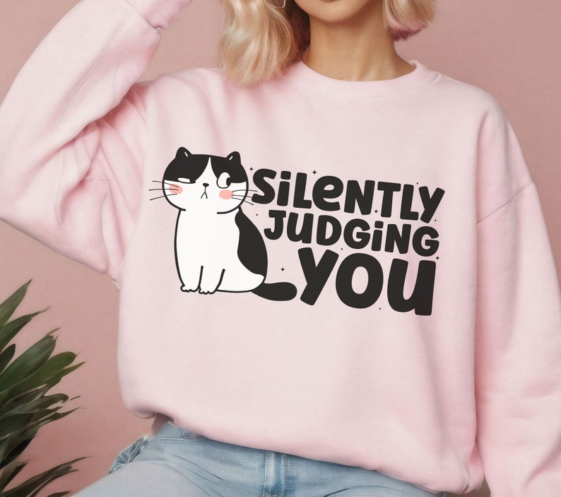May include: Pink sweatshirt with a black and white cartoon cat and the text "silently judging you".