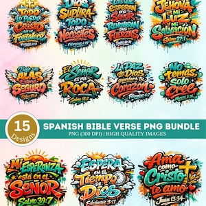 May include: A collection of 15 colorful Spanish Bible verse designs in a PNG bundle. Each design features stylized text with vibrant colors and artistic details, including crosses, wings, and decorative elements. The verses are from various books of the Bible.