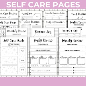 Peut inclure: Ensemble de pages de journal de soins personnels en noir et blanc, avec des suivis pour les soins de la peau, l'humeur, le sommeil et les affirmations quotidiennes. Les pages sont con&ccedil;ues pour la r&eacute;flexion personnelle, avec des invites pour la gratitude et la fixation d'objectifs.
