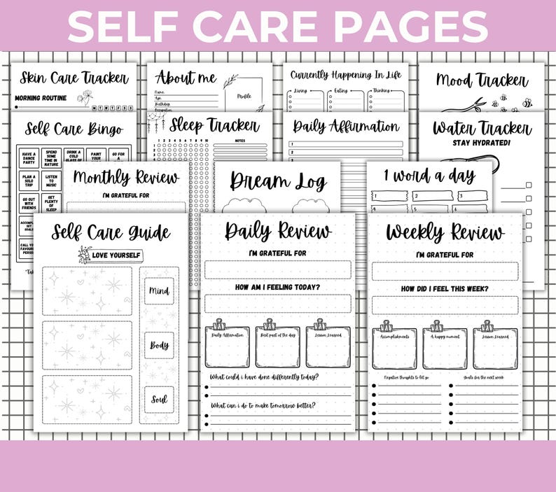 Peut inclure: Ensemble de pages de journal de soins personnels en noir et blanc, avec des suivis pour les soins de la peau, l'humeur, le sommeil et les affirmations quotidiennes. Les pages sont con&ccedil;ues pour la r&eacute;flexion personnelle, avec des invites pour la gratitude et la fixation d'objectifs.