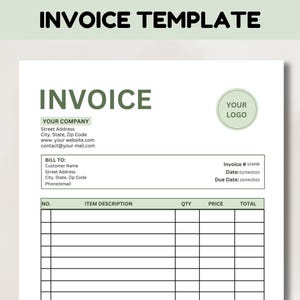 Puede incluir: Una plantilla de factura imprimible con un esquema de color verde y blanco. La plantilla incluye campos para la información del cliente, el número de factura, la fecha, la fecha de vencimiento, la descripción del artículo, la cantidad, el precio y el total. El texto "Plantilla de factura" está en la parte superior de la página, y el texto "Factura" está en un tamaño de fuente más grande debajo.