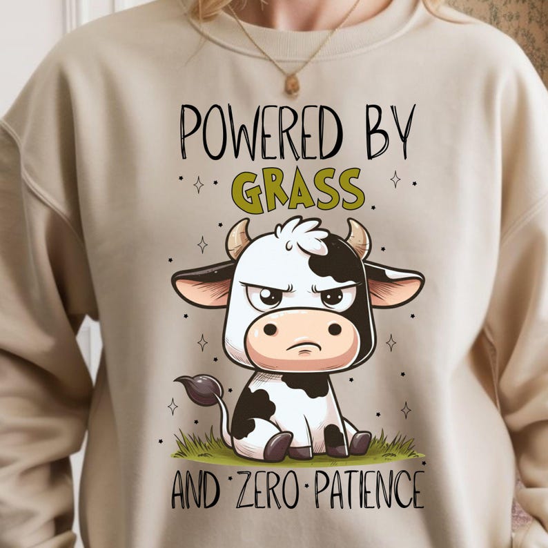 May include: Beige sweatshirt with a cartoon cow graphic. The cow is black and white with an angry expression, sitting on grass. Text above reads "POWERED BY GRASS" and below "AND ZERO PATIENCE".