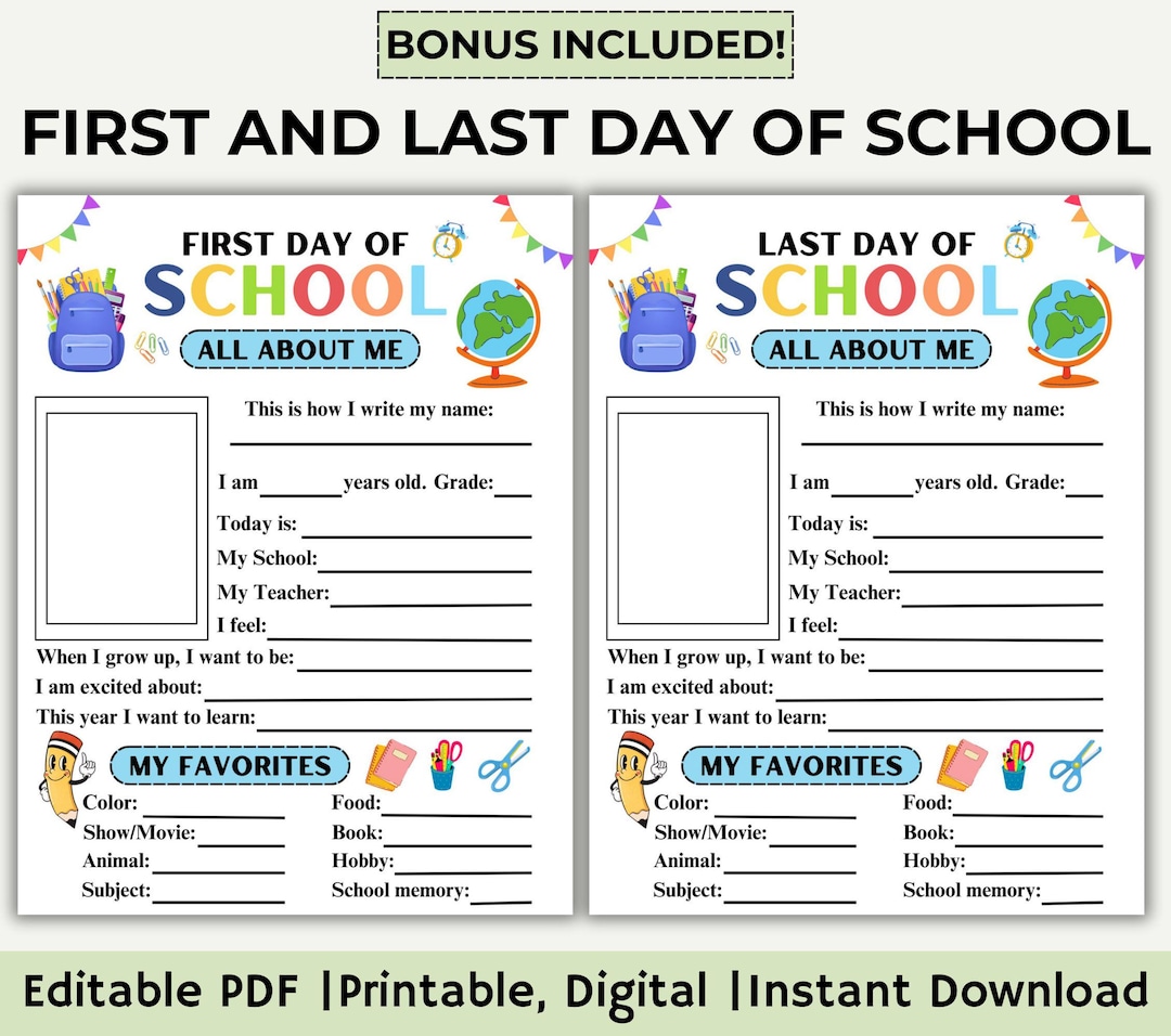 First and Last Day of School Printable, Back to School Questionnaire ...