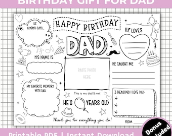 Happy Birthday Dad Coloring Page, Birthday Dad Placemat Activity Sheet, All About  Fill-in-blanks,  Dad Card, Dad’s printable gift for Kids