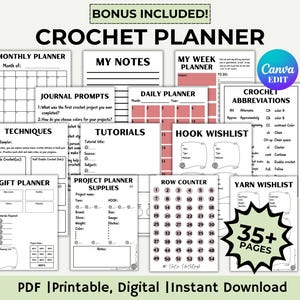 Planner di progetti all'uncinetto stampabile, organizza e tieni traccia dei tuoi modelli di progetti all'uncinetto, tracker di materiali per l'uncinetto, diario di progetti all'uncinetto