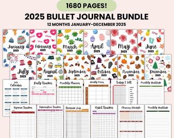 2025 Vorgefertigtes Bullet Journal Bundle, Bullet Journal Seiten, Bullet Journal Vorlage, druckbares digitales Bullet Journal Kit, Bujo Tracker