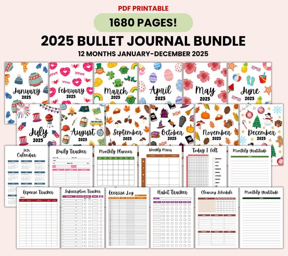 2025 Premade Bullet Journal Bundle, Bullet Journal Pages, Bullet Journal Template, Printable Digital Bullet Journal Kit, Bujo Trackers