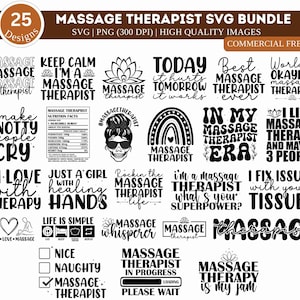Pode incluir: Um conjunto de 25 designs SVG em preto e branco para massagistas. Os designs apresentam várias frases e imagens relacionadas à terapia de massagem, como "Massage Therapist", "Keep Calm I'm a Massage Therapist", "Today it hurts tomorrow it works", "Best Massage Therapist Ever", "World's Okayest Massage Therapist", "I Make Knotty People Cry", "In My Massage Therapist Era", "I Like Massage Therapy and Maybe 3 People", "In Love with Therapy", "Just a Girl with Healing Hands", "Rockin' the Massage Therapist Life", "I'm a Massage Therapist What's Your Superpower?", "I Fix Issues with Your Tissues", "Massage Whisperer", "Massage Therapist in Progress Please Wait", "Massage Therapy is My Jam".