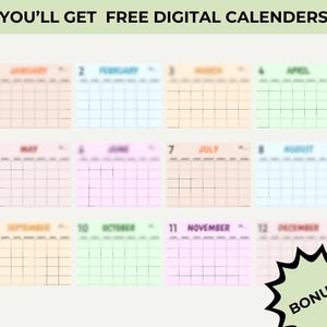 May include: Twelve printable digital calendar pages, one for each month of the year. Each page features a simple grid design with a month name and number at the top. The calendar pages are in a variety of pastel colors.