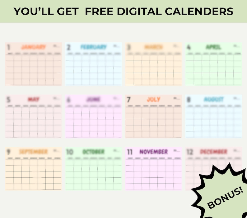 May include: Twelve printable digital calendar pages, one for each month of the year. Each page features a simple grid design with a month name and number at the top. The calendar pages are in a variety of pastel colors.
