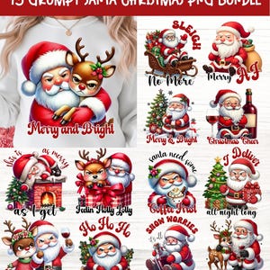 Könnte beinhalten: Ein digitales Kunstpaket mit 15 "Grumpy Santa" Weihnachts-PNG-Bildern. Jedes Bild zeigt den Weihnachtsmann mit verschiedenen Ausdrücken und Posen, oft gepaart mit Rentieren. Die Designs enthalten Texte wie "Merry and Bright" und "Coffee First".