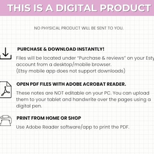Peut inclure: Une fiche d'information sur un produit num&eacute;rique avec le texte "THIS IS A DIGITAL PRODUCT" en haut. Les instructions incluent comment acheter, t&eacute;l&eacute;charger et imprimer le fichier PDF. La feuille est sur fond blanc.