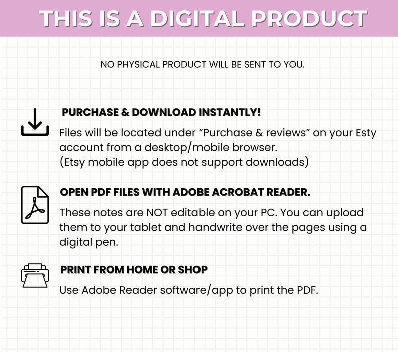 Peut inclure: Une fiche d'information sur un produit num&eacute;rique avec le texte "THIS IS A DIGITAL PRODUCT" en haut. Les instructions incluent comment acheter, t&eacute;l&eacute;charger et imprimer le fichier PDF. La feuille est sur fond blanc.