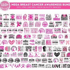 Pacote com mais de 110 designs SVG de câncer de mama, SVG de câncer de mama, PNG de sobrevivente de câncer, sublimação de citação de luta, conscientização sobre o câncer, PNG de fita rosa