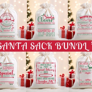May include: A set of six digital designs for Santa sacks. The designs feature various Christmas themes, including "North Pole Express", "Santa Claus", and "Special Delivery".