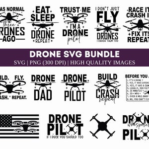 Puede incluir: Un paquete de descarga digital en blanco y negro de 10 archivos SVG con diseños de drones. Los diseños incluyen frases como "Drone Dad", "Drone Pilot", "Construir, estrellar, repetir" y "Correr, estrellar, arreglar, repetir".