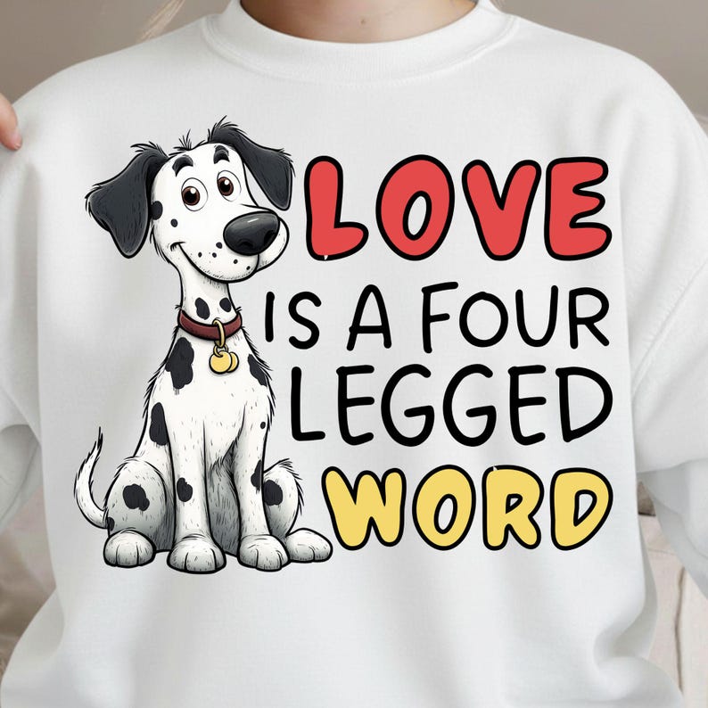 May include: White sweatshirt featuring a cartoon Dalmatian dog with black spots, wearing a collar with a gold tag. The text "LOVE IS A FOUR LEGGED WORD" is printed in red, black, and yellow.