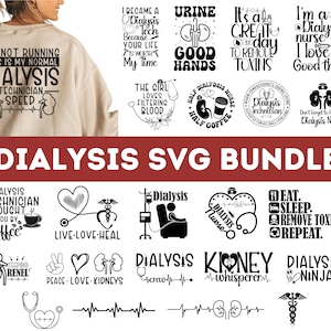 May include: A set of 15 black and white SVG designs featuring text and illustrations related to dialysis. The designs include phrases like "I'm not running, this is my normal dialysis", "Dialysis technician brought to you by coffee", "Live-love-heal", "Peace-love-kidneys", "Dialysis crew", "Kidney whisperer", "Dialysis ninja", and "Eat, sleep, remove toxins, repeat".