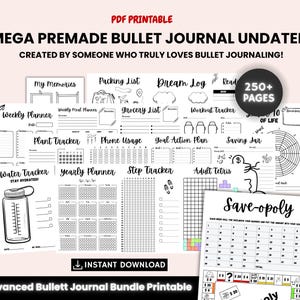 Bullet Journal Bundle, Premade Bujo template, undated bullet journal bundle, Daily Weekly Monthly Habit Mood Trackers Printable