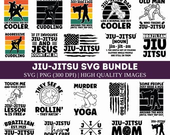 May include: A set of 12 black and white digital designs featuring various jiu-jitsu themed illustrations. The designs include text such as "Jiu-Jitsu Dad", "Jiu-Jitsu Mom", "Jiu-Jitsu Lesson is Free", "They See Me Rollin' They Hatin'", "Murder Yoga", and "Brazilian Jiu-Jitsu Est. 1925".