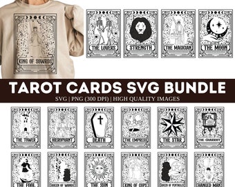 May include: A set of 14 black and white tarot card illustrations in a vintage style. The cards feature various symbols and characters, including the Tower, Hierophant, Death, Empress, Star, Chariot, Fool, Queen of Wands, Sun, King of Cups, Queen of Pentacles, and Hanged Man. The cards are labeled with their corresponding names.