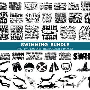 Puede incluir: Un paquete de diseños gráficos en blanco y negro con el texto "Swimming Bundle" y varias citas e ilustraciones con temática de natación. Las citas incluyen "Swim Dad", "Swim Team", "Swim Mom", "Live Love Swim", "Swim Faster", "Swim Like Nobody Is Watching", "Just Keep Swimming", "Water Has A Language", "Float On Dreams", "Dive Into Reality", "A Day Without Swimming Is Like Just Kidding", "In My Swim Era", "Life Is Better In A Swimsuit", "In A World Full Of Chaos Find Peace In The Water", "I Sweat Chlorine", "Born To Swim Forced To Work", "Water Is My Happy Place And The Pool Is My Sanctuary", "The Perfect Cycle Of A Swimmer's Life", "Eat Sleep Swim", "Swim More Worry Less", "Eat My Bubbles", "Breathing Is For The Weak", "Oxygen Is Overrated", "Mermaids Don't Do Homework They Swim". Las ilustraciones incluyen un nadador, un par de aletas, un snorkel, un gorro de natación, un salvavidas y un traje de baño.