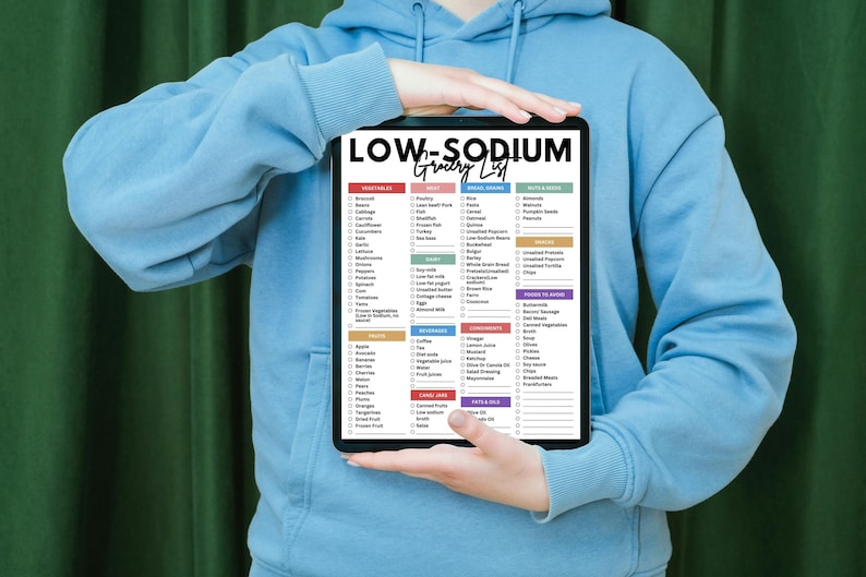 May include: A person holding a digital tablet displaying a low-sodium grocery list. The list is organized by food category and includes a checkbox next to each item.