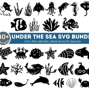 Paquete SVG PNG submarino / Paquete Svg de elementos submarinos / Svg de sirena / Svg de ballena / Svg de tortuga / Svg de pulpo / Svg de estrella de mar / Svg de coral