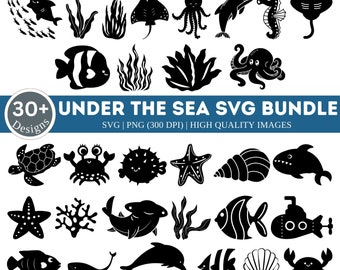 May include: A set of 30+ black and white vector illustrations of sea creatures and plants. The illustrations include a seahorse, starfish, crab, turtle, fish, octopus, seashells, seaweed, and a submarine. The illustrations are perfect for creating crafts, scrapbooking, and other creative projects.
