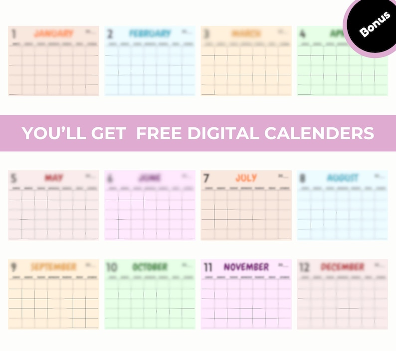 Pu&ograve; includere: Un set di calendari digitali, uno per ogni mese dell'anno, in una variet&agrave; di colori pastello. Ogni calendario &egrave; etichettato con il nome del mese. Il testo "YOU'LL GET FREE DIGITAL CALENDERS" &egrave; visualizzato. &Egrave; visibile anche un'etichetta bonus.