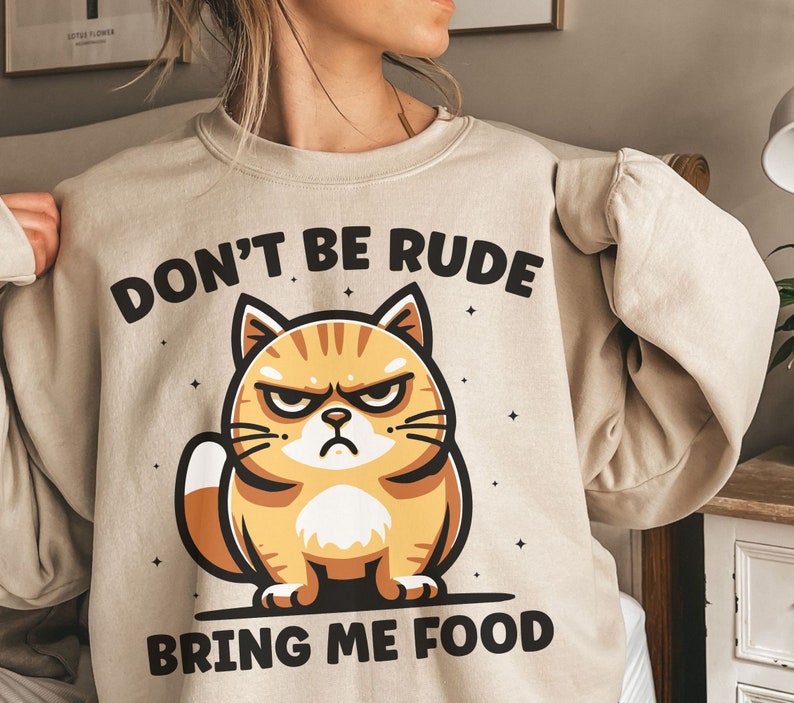 May include: Beige sweatshirt with a cartoon orange cat and the text "Don't be rude bring me food".