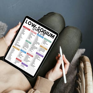 May include: A digital tablet displaying a low sodium grocery list with checkboxes. The list is organized by category and includes a variety of food items. The tablet is being held by a person's hands.